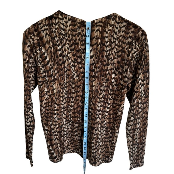 Talbots Petite Medium MP Merino Wool Cardigan Sweater Feather Animal Print Brown - Picture 2 of 5